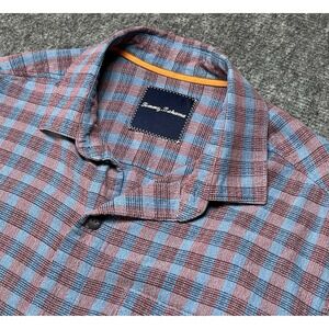 Tommy Bahama Shirt Mens Large Blue Plaid Short Sleeve‎ 100% Silk Relaxed Beach